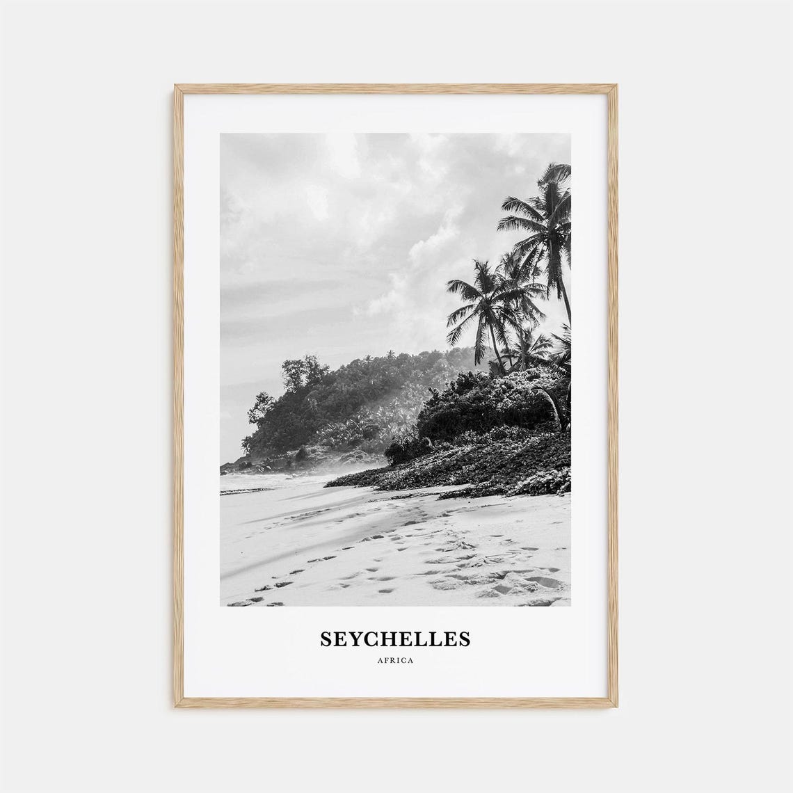 Seychelles Tropical Beach Palm Trees Black White Travel Poster