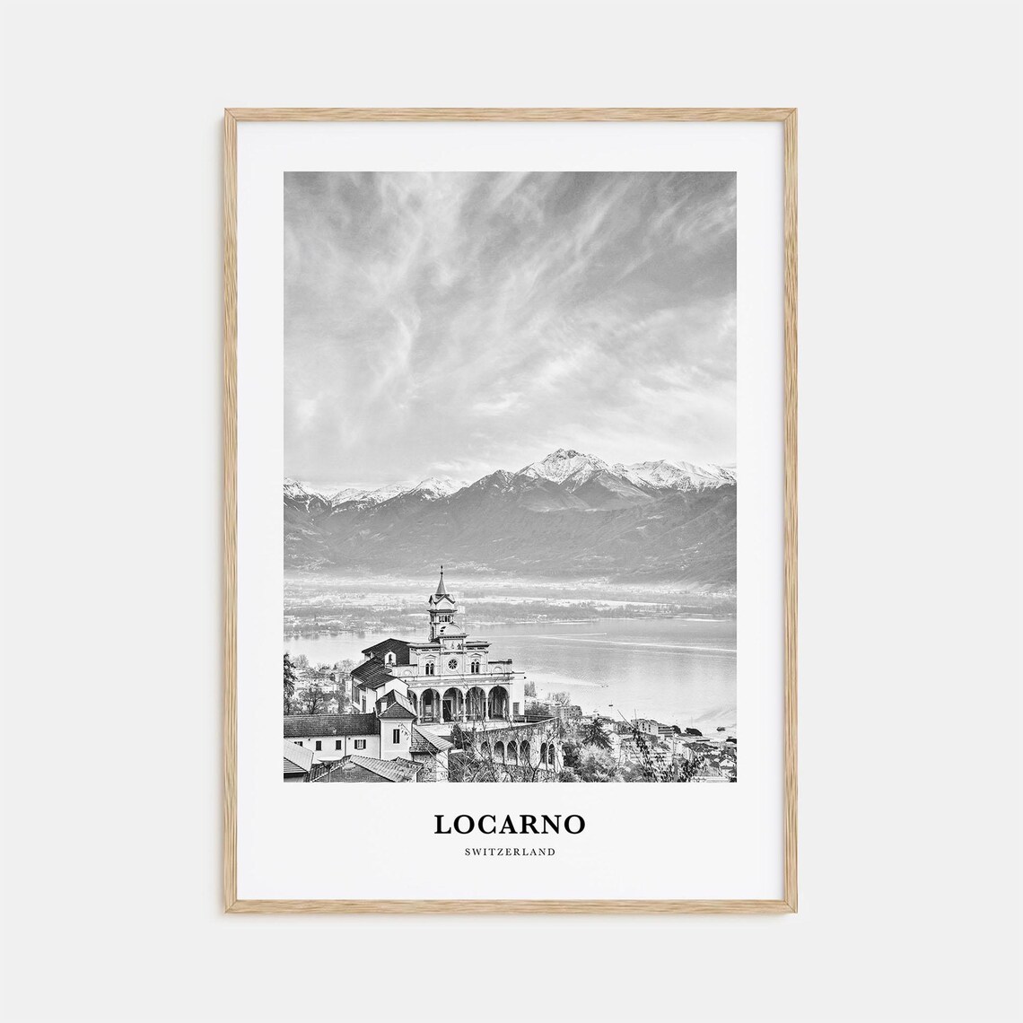 Locarno Switzerland Lake Maggiore Church Alps Black White Poster