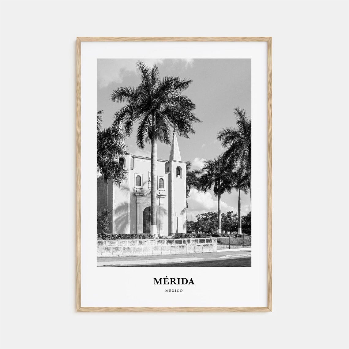 Merida Mexico Colonial Church Palm Trees Black And White Poster