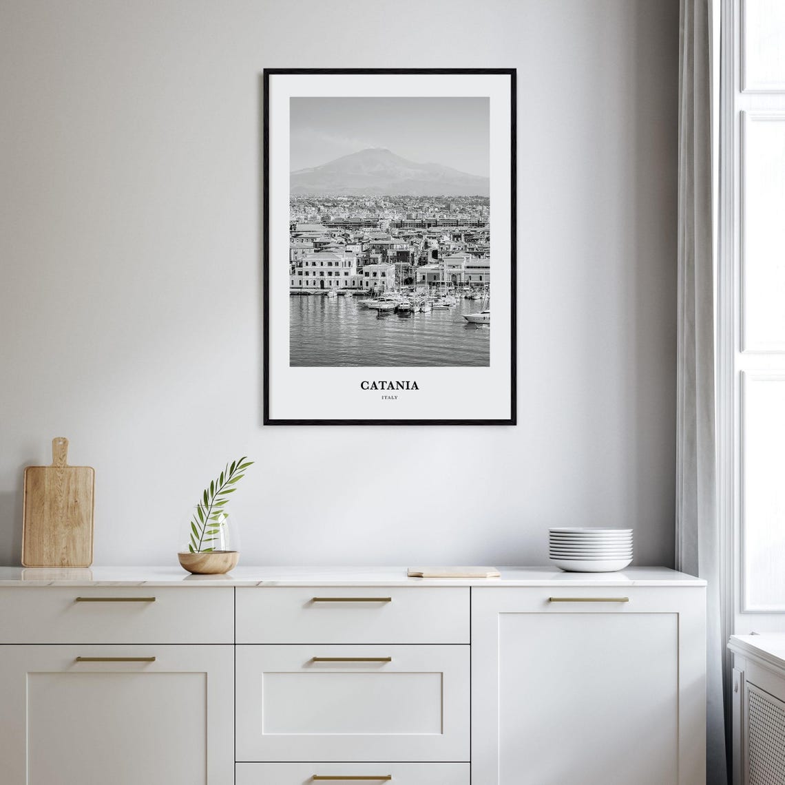 Catania Italy Mount Etna Volcano Harbor Black White Travel Poster - Image 2