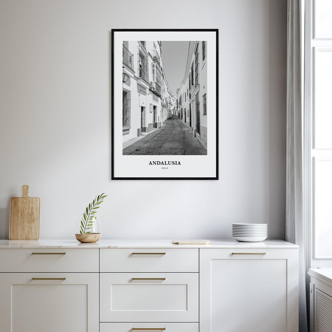 Andalusia Whitewashed Old Town Street Black and White Travel Poster - Image 2