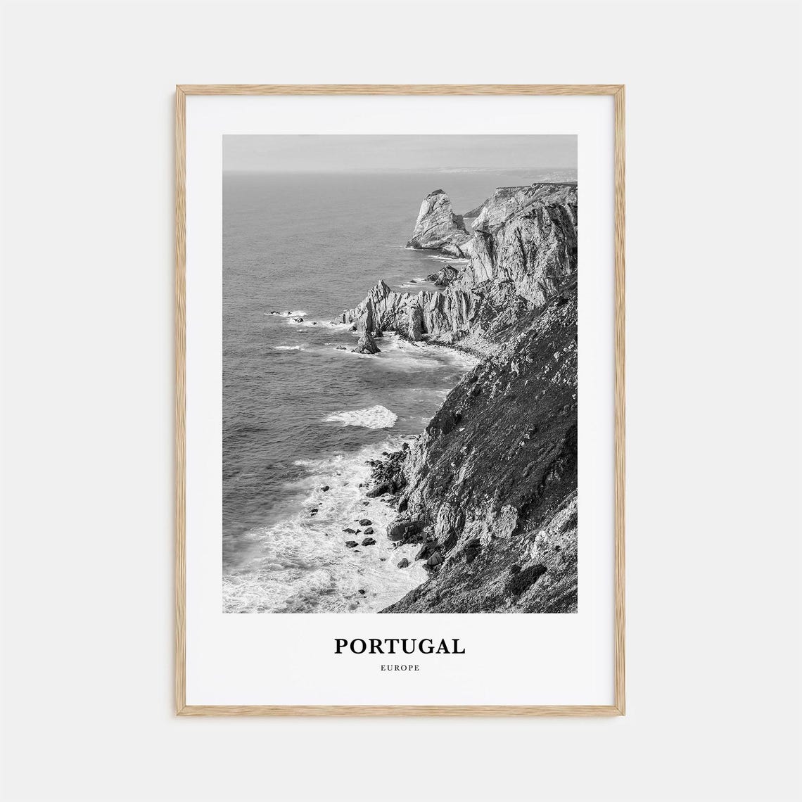 Portugal Atlantic Cliffs Coastal Black and White Travel Poster