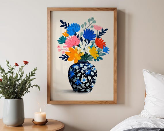Chinoiserie Floral Vase Wall Art Colorful Botanical Print Modern Matisse Style Poster Elegant Living Room Decor