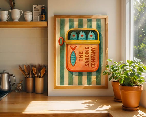 Retro Sardine Can Wall Art Quirky Fish Kitchen Decor Watercolor Print Coastal Nautical Poster Funny Food
