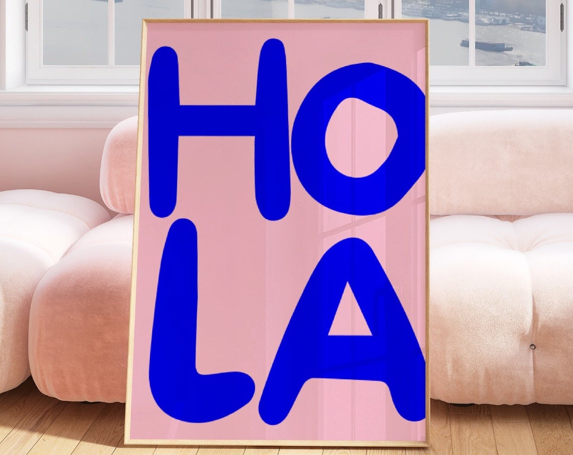 Hola Cobalt Blue Bubble Letter Spanish Greeting Typography Wall Art