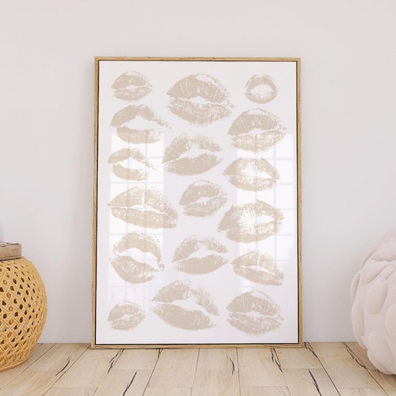 Beige Kiss Wall Art Kiss Lips Trendy Poster Lips Print Aesthetic Trendy Printspreppy Dorm Fashion Wall Art Muted Neutral Make Up Art