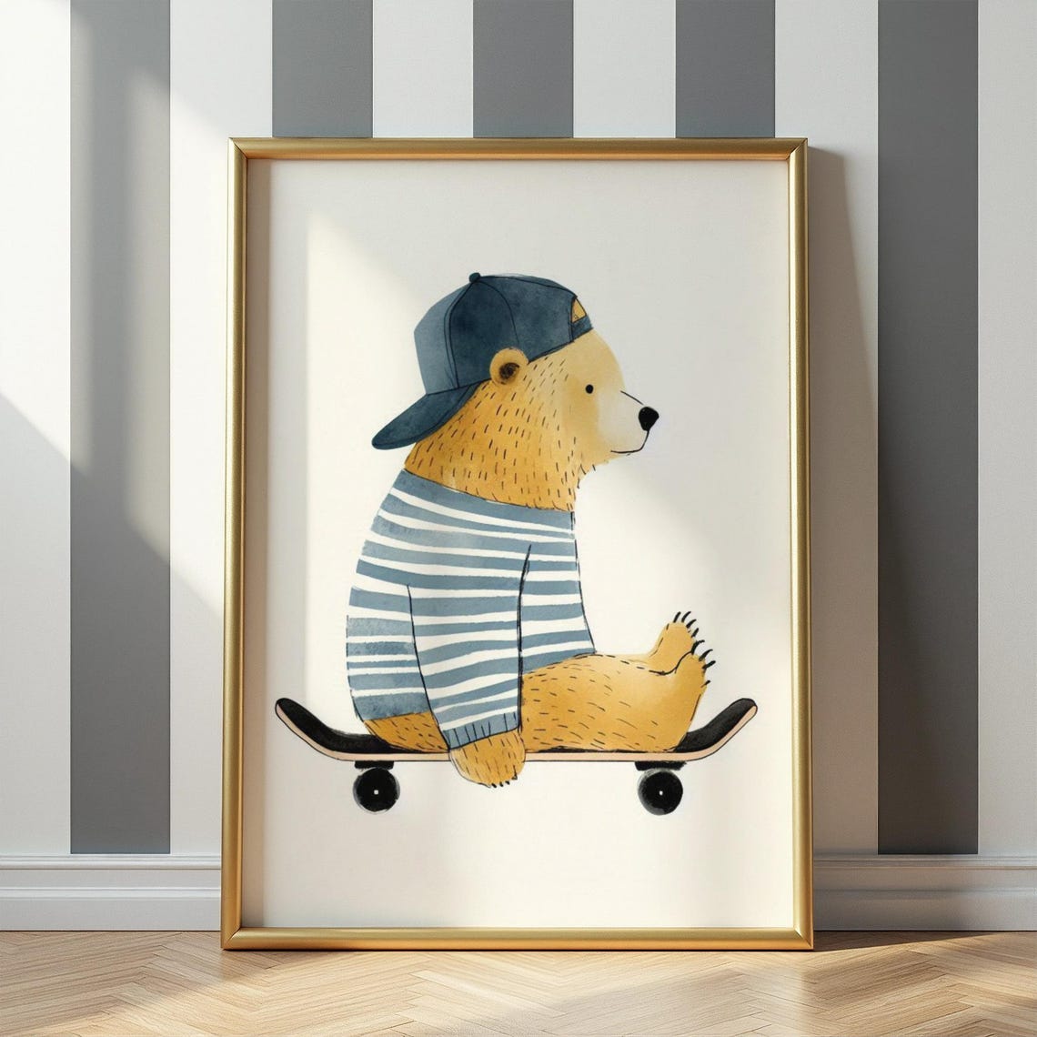Bear in Blue Cap Striped Shirt Sitting on Skateboard Nursery Poster
