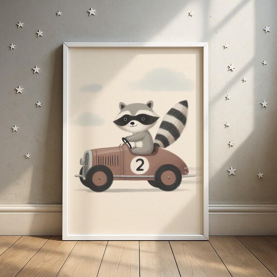 Raccoon Driving Vintage Race Car Nursery Watercolor Poster Number Two Art