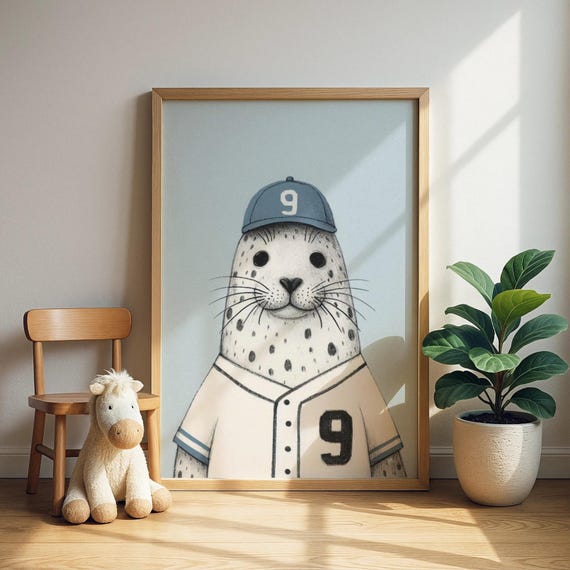 Baseball Seal Art Print In Jersey Holding Bat Illustration Toddler Sports Room Decor