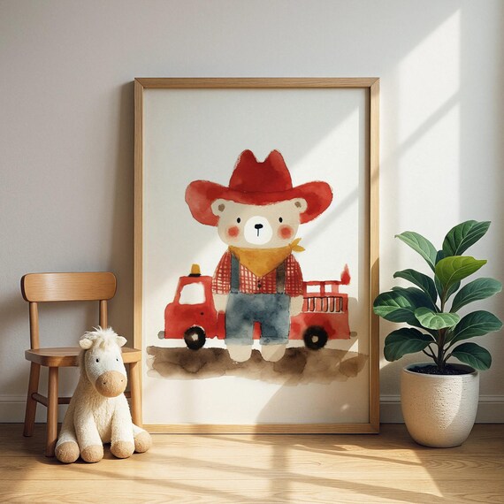 Cowboy Bear With Firetruck Print Fire Engine Western Animal Nursery Art Kids Room Decor