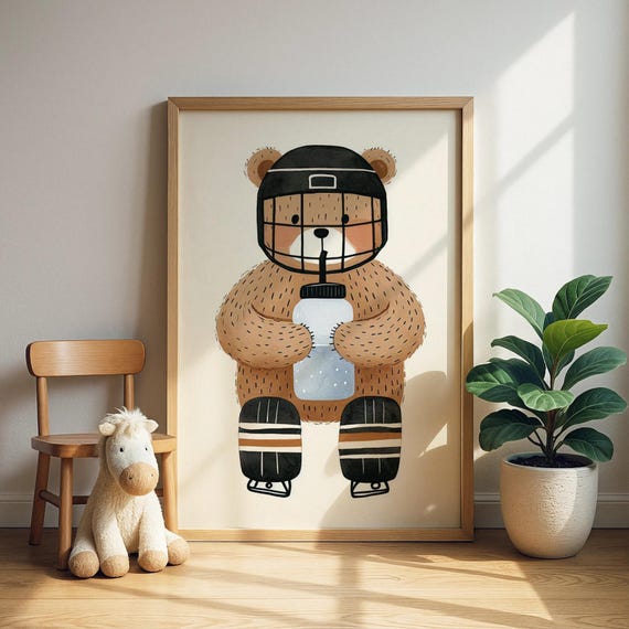 Bear With Bottle Hockey Gear Print Cute Brown Goalie Water Wall Art Kids Room Decor