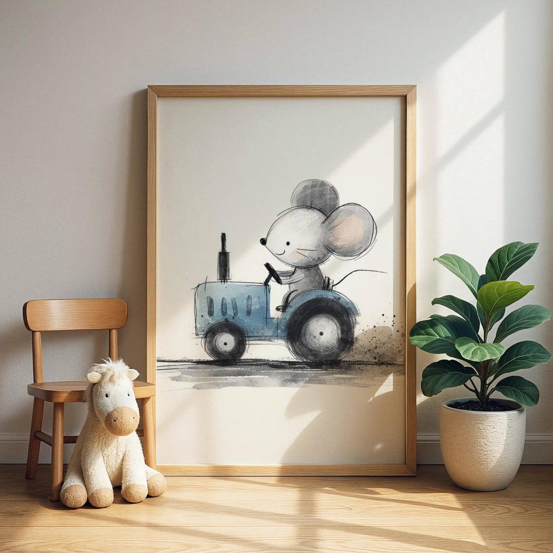 Blue Tractor Mouse Art Print Driving Farm Illustration Toddler Room Decor