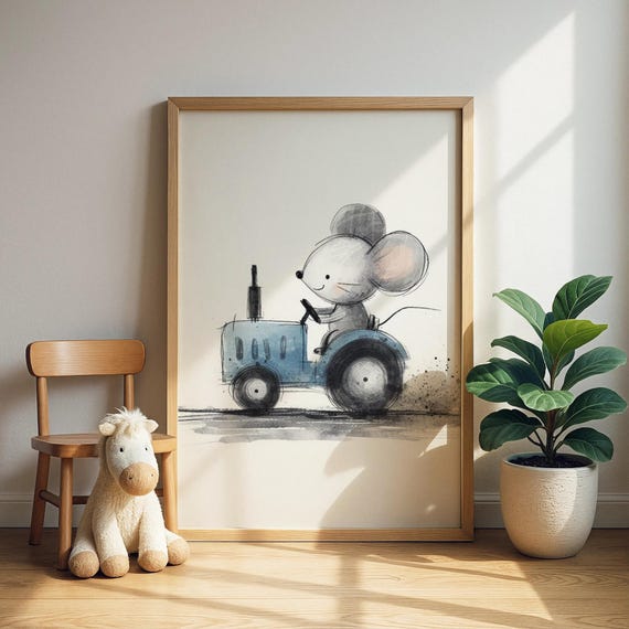 Blue Tractor Mouse Art Print Driving Farm Illustration Toddler Room Decor