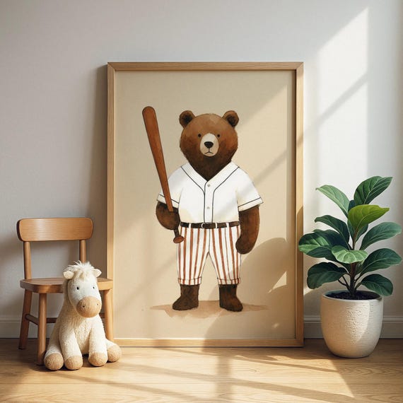 Bear Baseball Red Jersey Player Wall Art Sports Animal Nursery Print Kids Room Decor