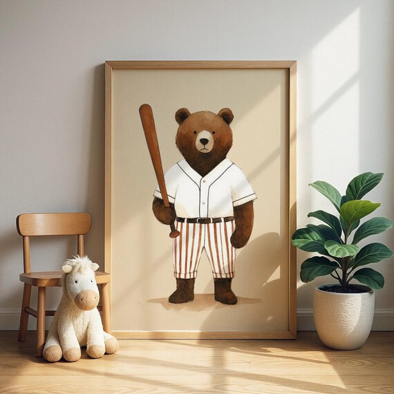 Cute Brown Bear Baseball Player Nursery Sports Animal Wall Art