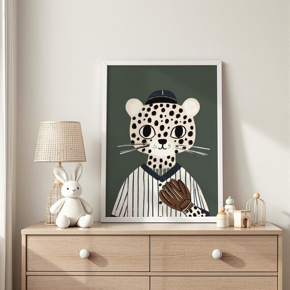 Striped Tiger Baseball Player Portrait Bold Wall Art Boys Room Decor