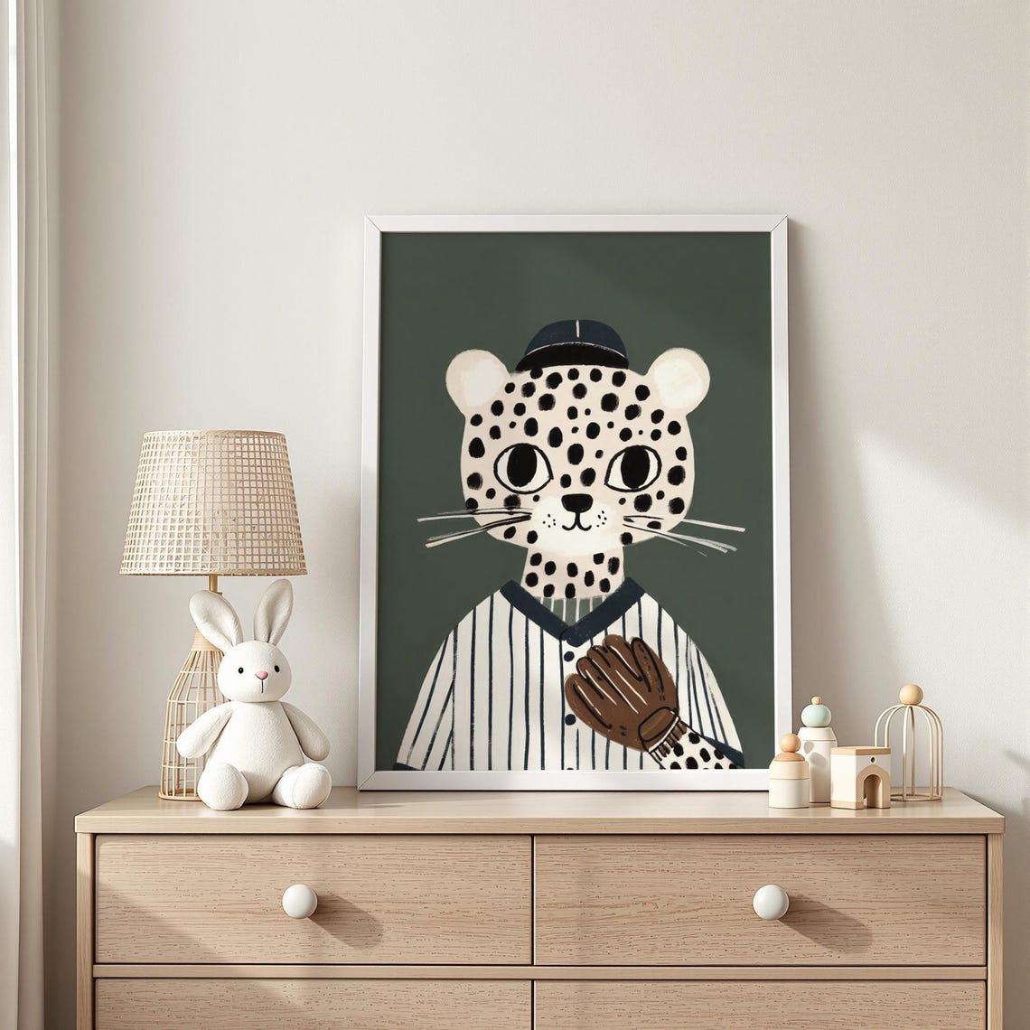 Spotted Cat Baseball Player Portrait in Striped Uniform Poster