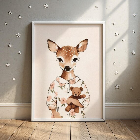 Deer With Teddy Bear Print Self Love Nursery Art Kids Room Decor Wall