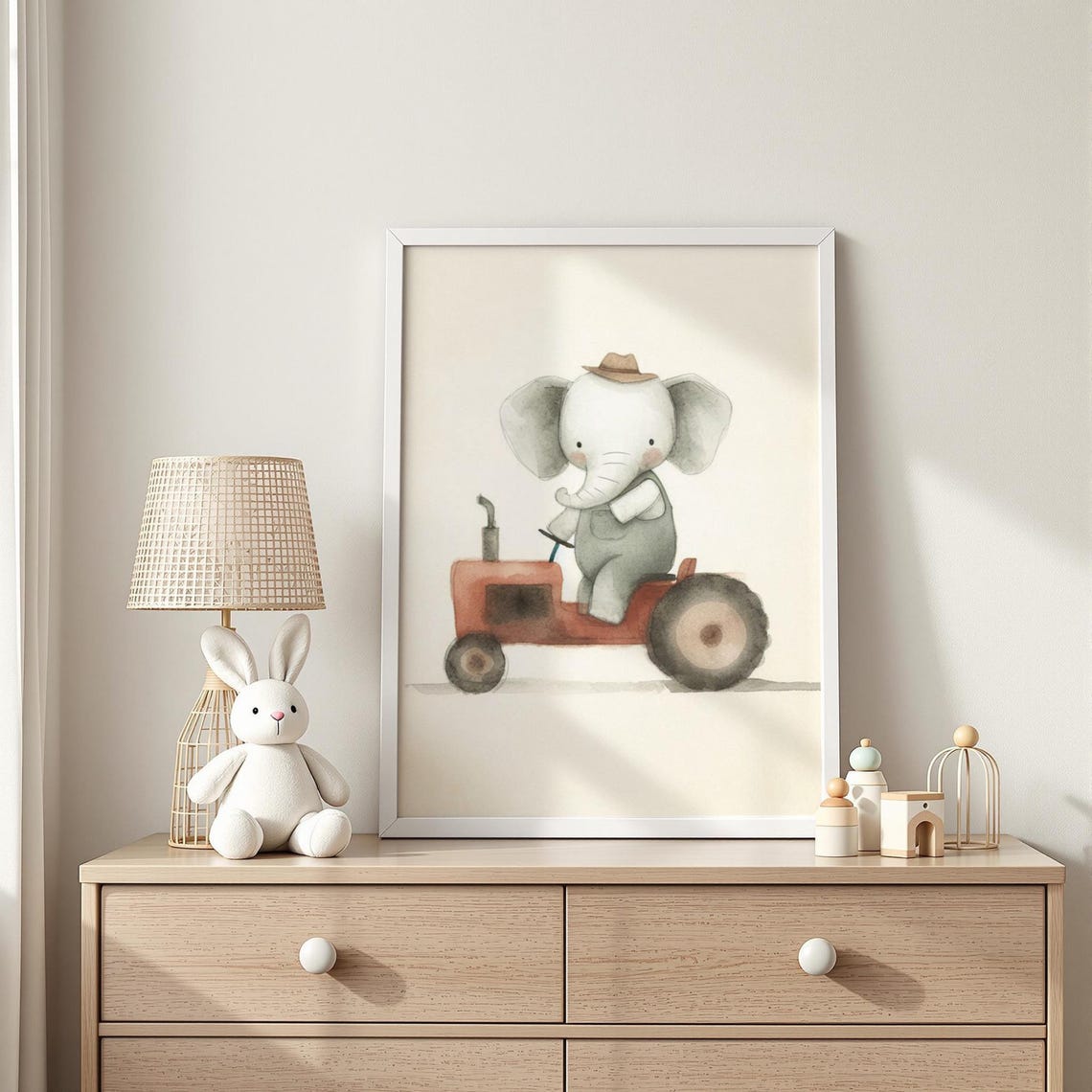 Red Tractor Elephant Farm Print Driving Illustration Country Nursery Decor