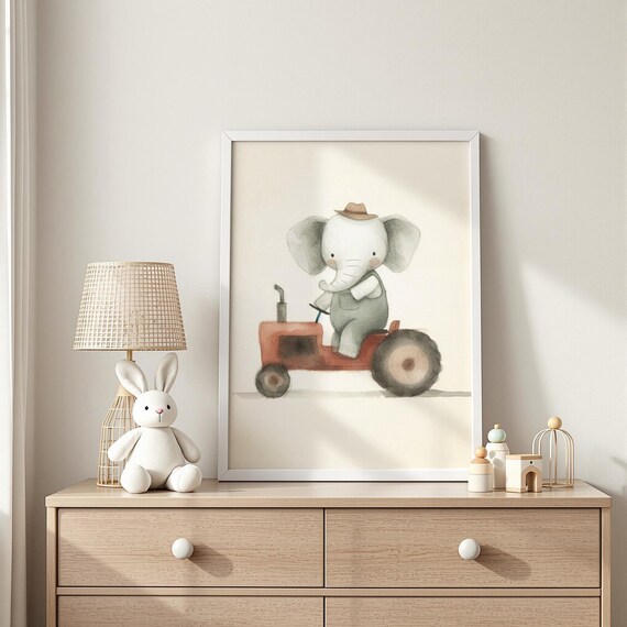 Baby Elephant Driving Red Tractor Cowboy Hat Nursery Wall Art