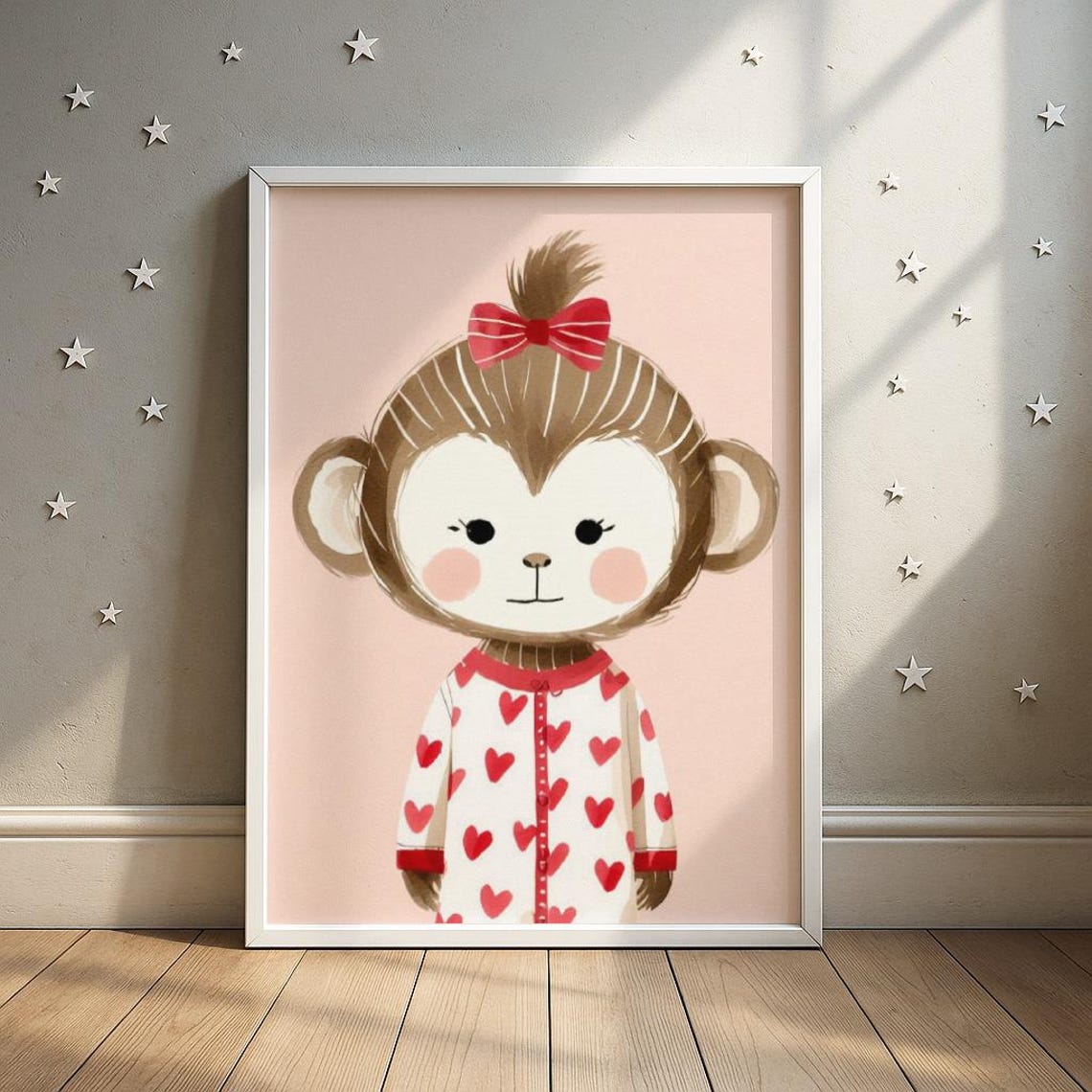 Sleepy Monkey In Red Heart Pajamas With Bow Nursery Wall Art