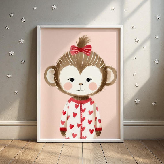 Sleepy Monkey In Red Heart Pajamas With Bow Nursery Wall Art