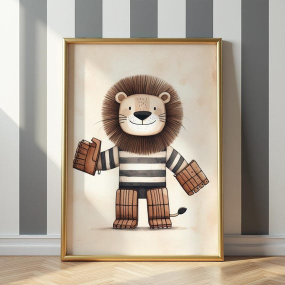 Brown Padded Ice Hockey Lion Art Vintage Goalie Illustration Toddler Sports Room Decor