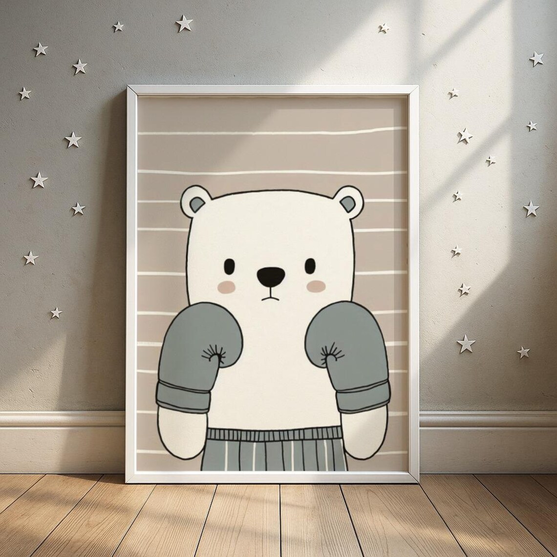 Bear Boxing White Gloves Wall Art Fighter Animal Nursery Print Kids Room Decor