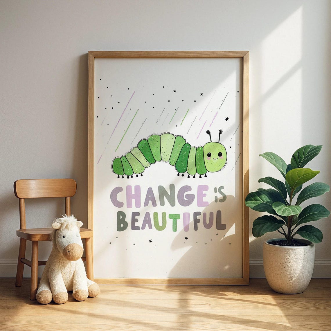 Green Caterpillar Quote Change Is Beautiful Kids Motivational Poster