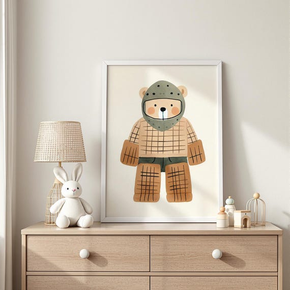 Bear Goalie Hockey Gear Print Brown In Plaid Shirt And Helmet Wall Art Sports Kids Room Decor