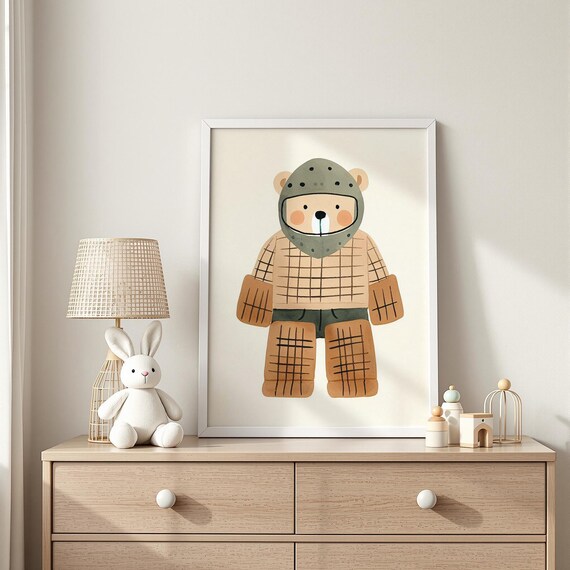 Cute Bear Hockey Goalie Helmet and Pads Kids Sports Nursery Poster