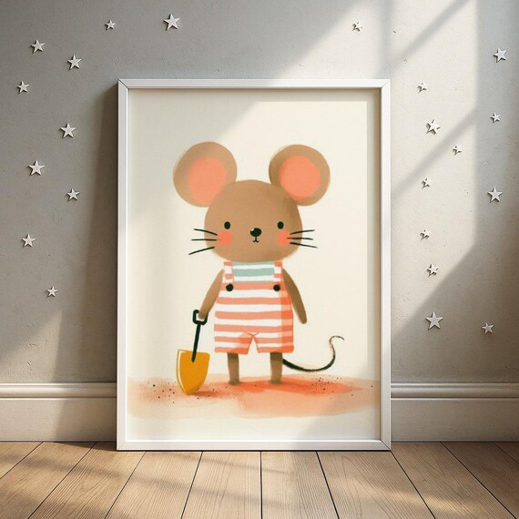 Beach Ready Mouse in Striped Swimsuit With Yellow Spade Poster