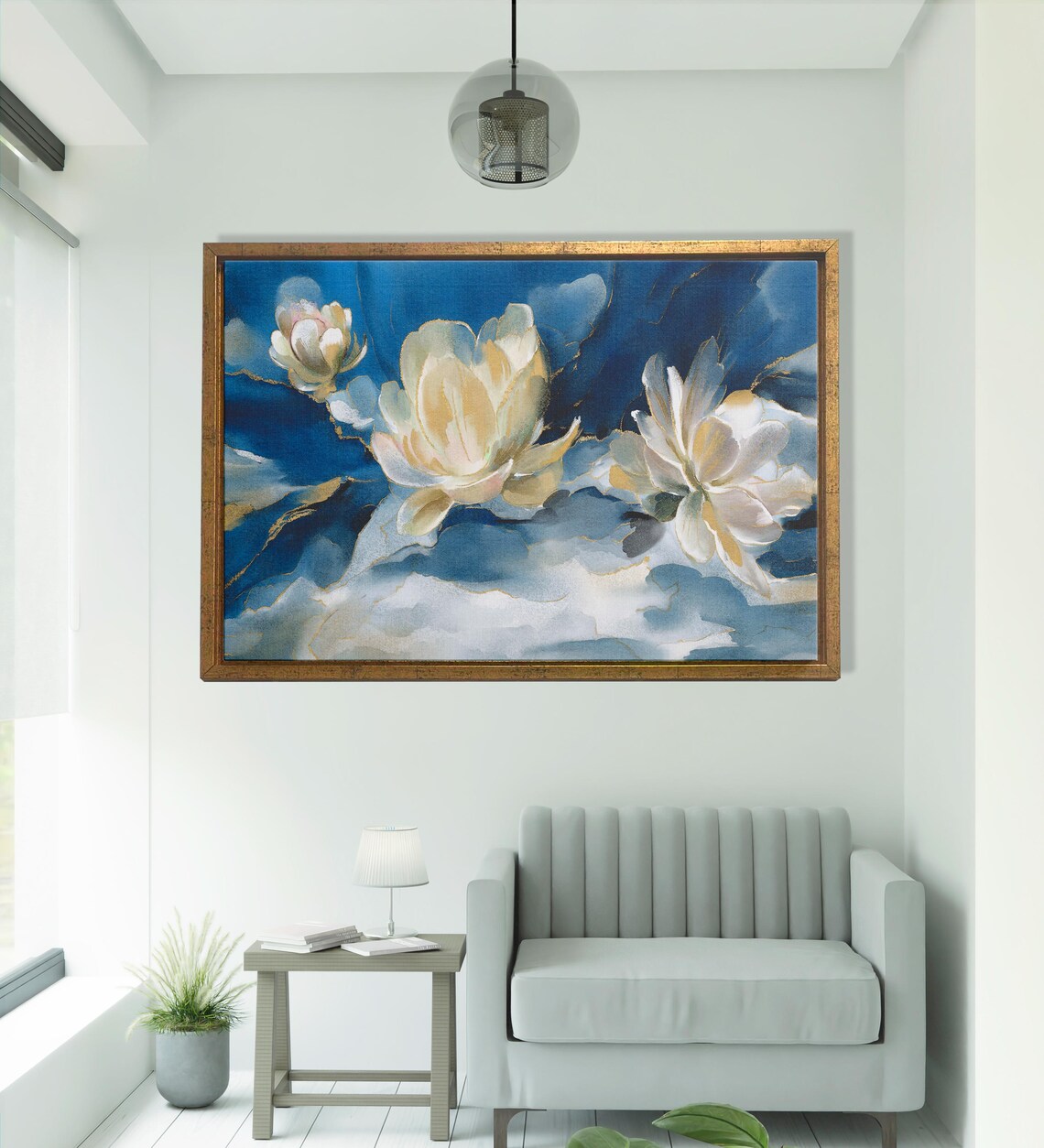 Abstract White Blue Flower, Modern Artwork - Image 2
