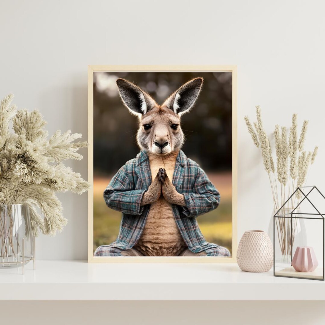 Funny Kangaroo in Plaid Shirt Prayer Pose Zen Yoga Animal Art Poster
