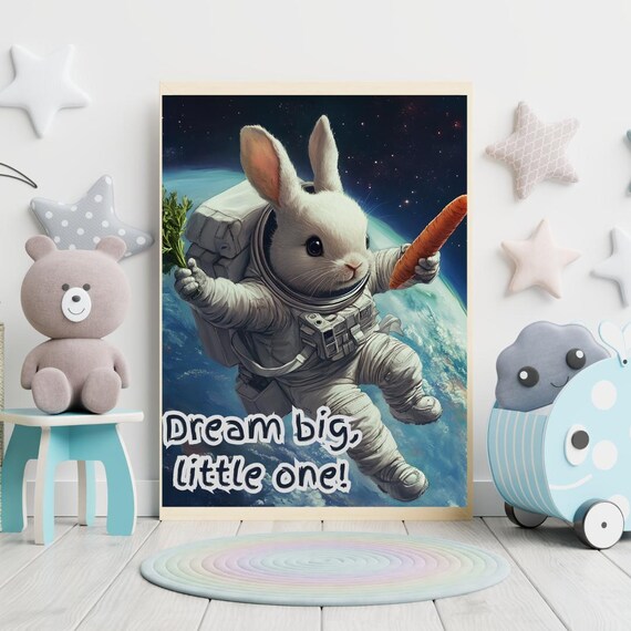 Bunny Astronaut in Space with Carrot Dream Big Little One Art Poster