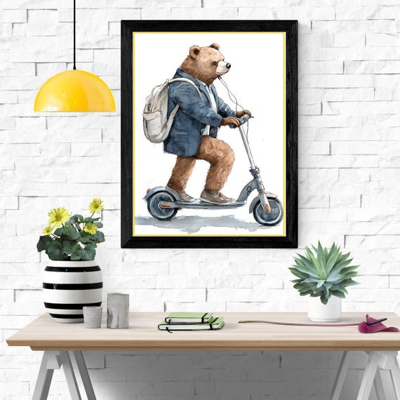 Bear On Scooter Watercolor Print Funny Animal Art