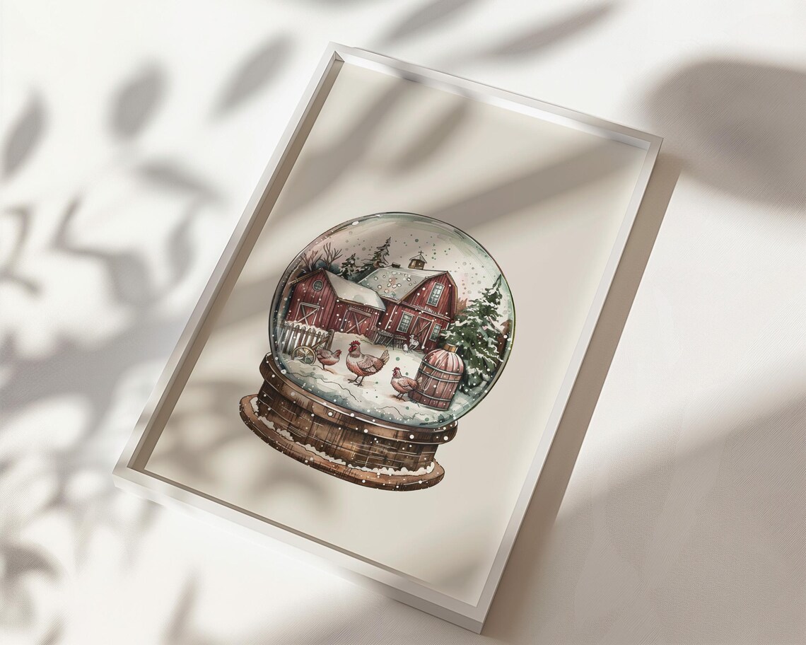 Red Barn Snow Globe Watercolor Christmas Farm Winter Holiday Country Wall Art - Image 2
