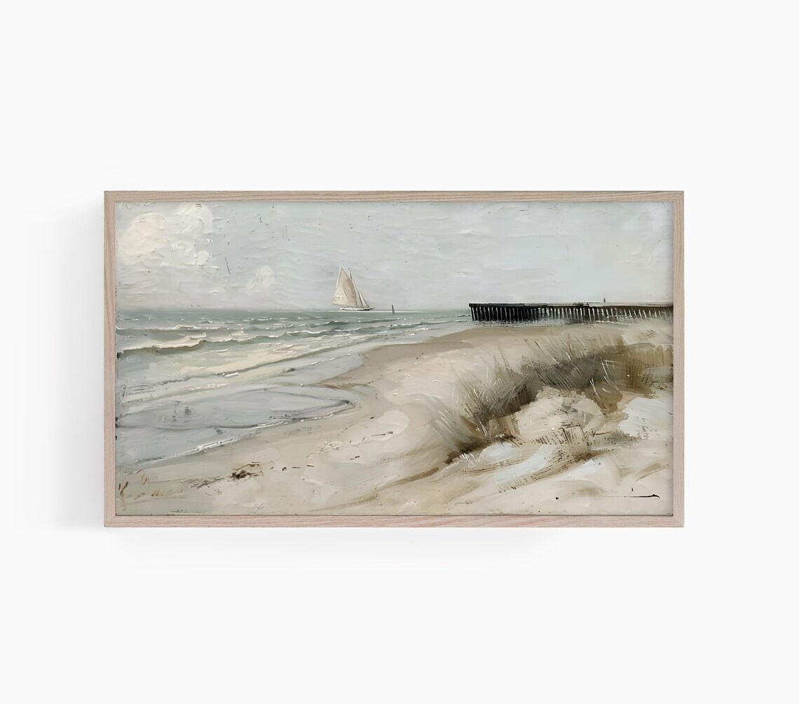 Moody Coastal Painting of a Sailboat Pier and Sand Dunes Poster