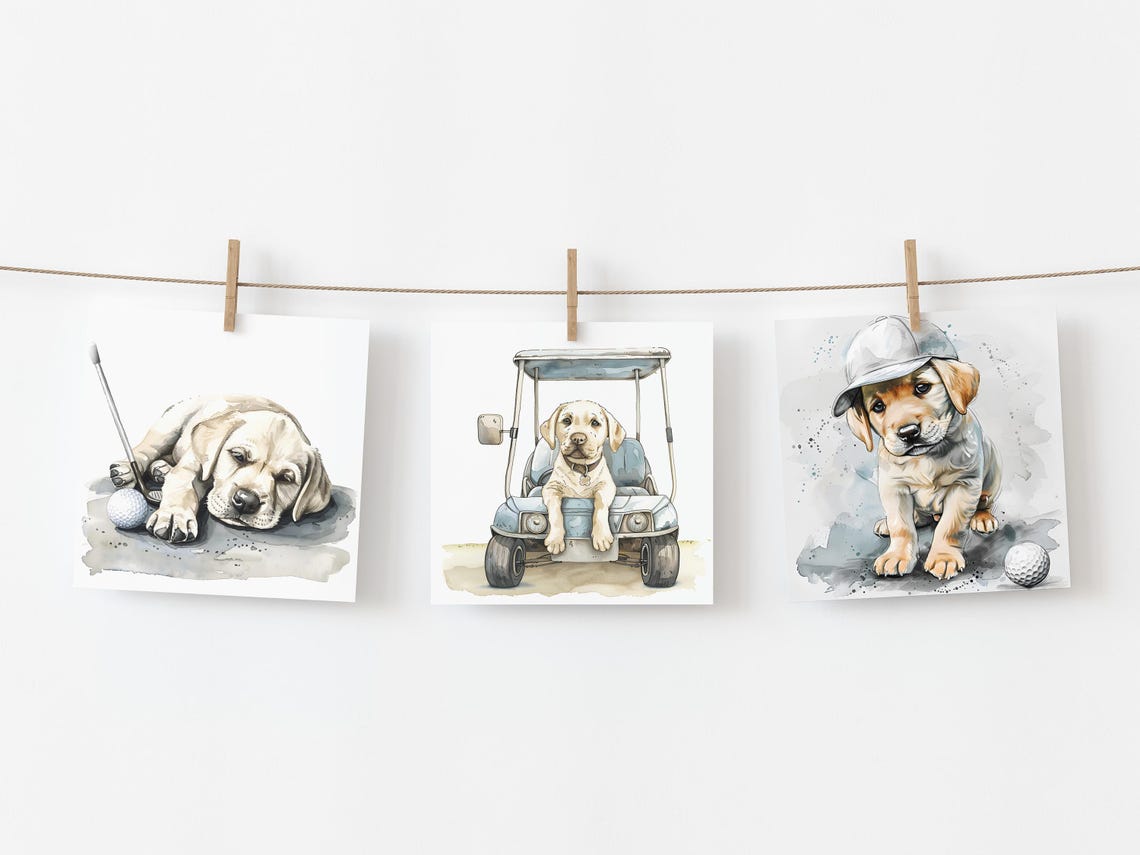 Yellow Lab Puppy Golf Nursery Watercolor Prints Set Of Three Poster - Image 3