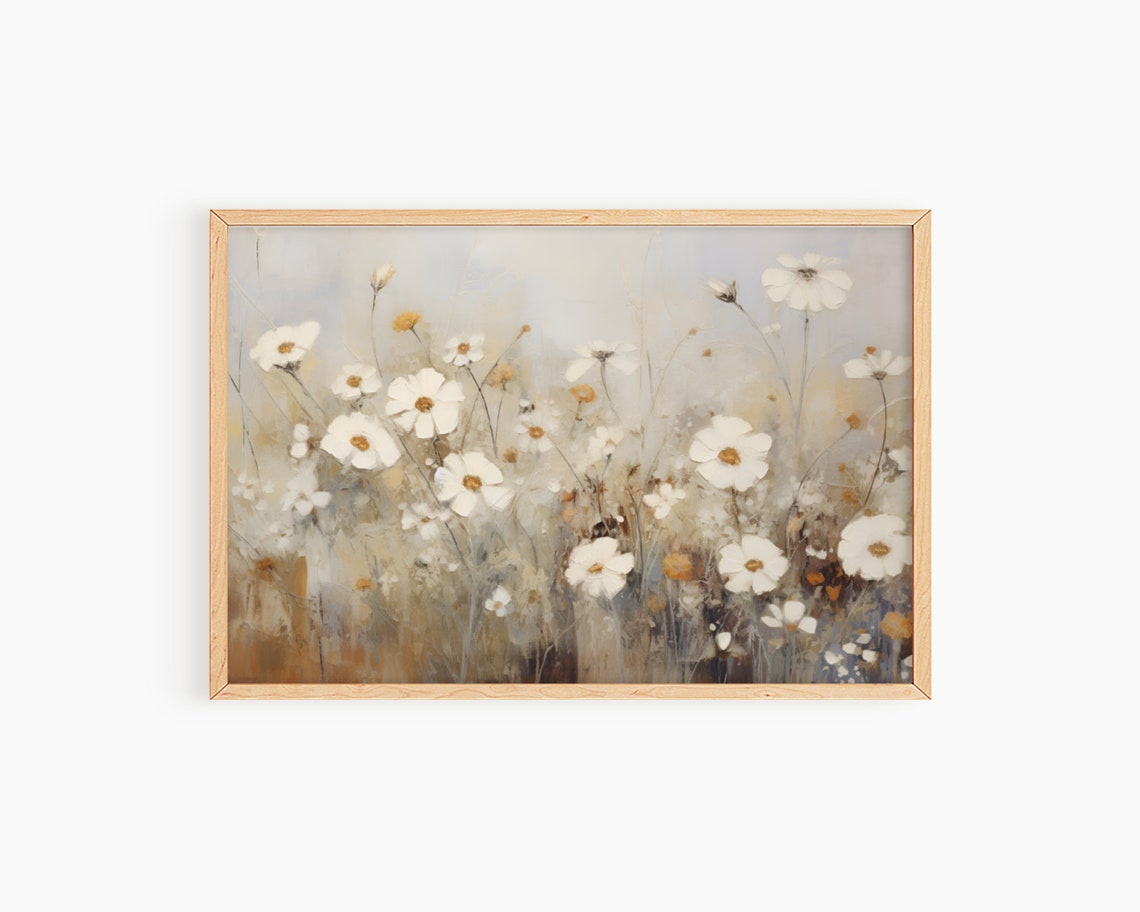 White Daisies Wildflowers Soft Beige Floral Wall Decor Poster