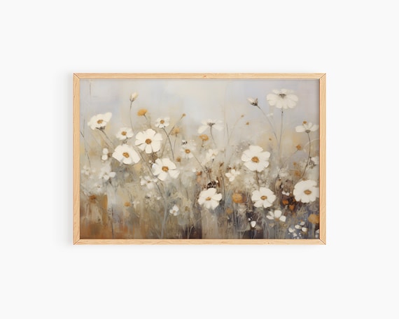 White Daisies Wildflowers Soft Beige Floral Wall Decor Poster