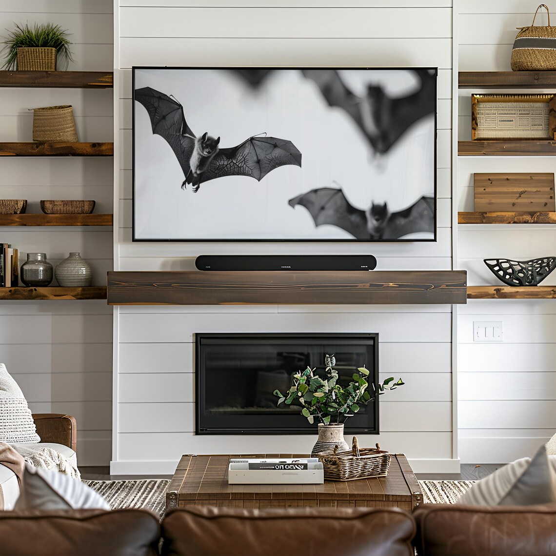 Flying Bats Black And White Spooky Halloween Night Gothic Wildlife Wall Art - Image 2
