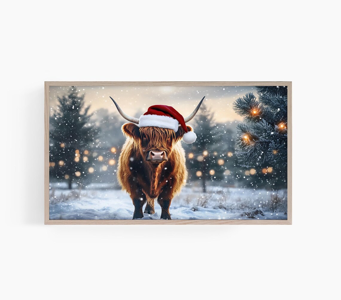 Highland Cow Wearing Santa Hat, Christmas Art Print