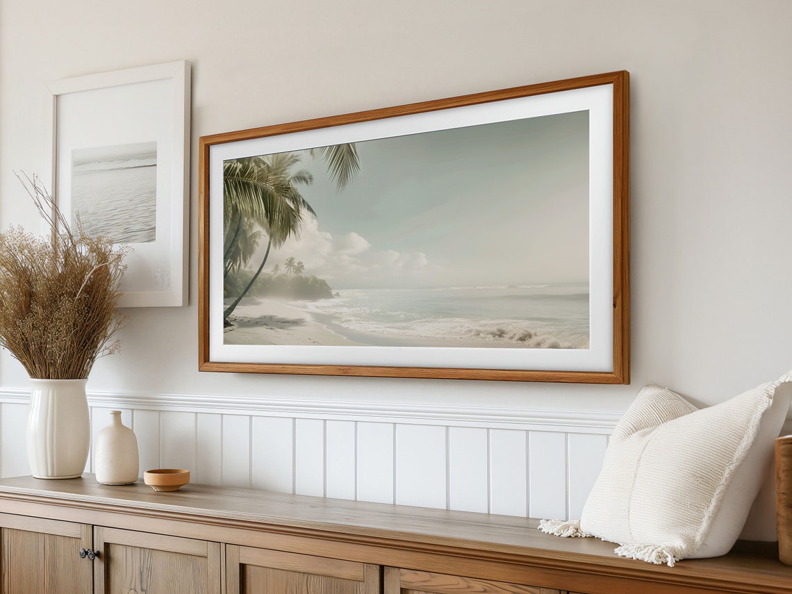 Serene White Sand Beach Leaning Palm Trees Calm Photo Poster - Image 3