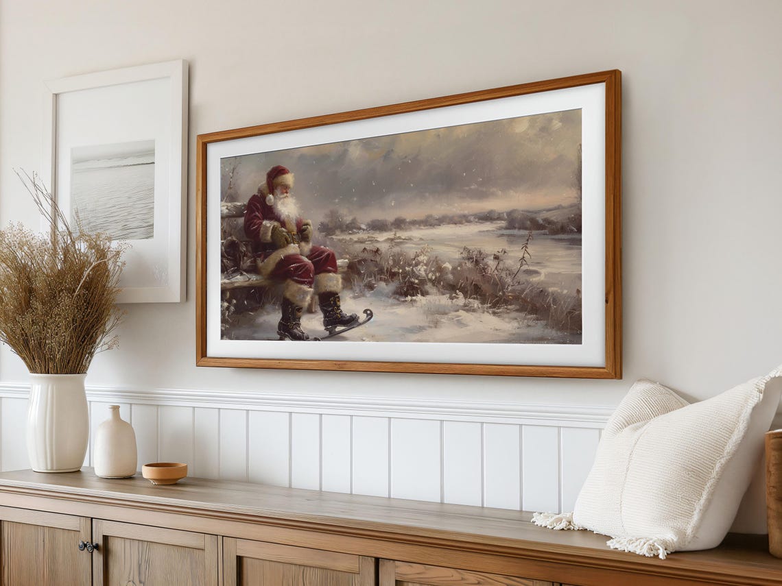 Vintage Santa Ice Skating Tv Art Frame Tv Art Christmas Santa Skating Winter Tv Vintage Painting Santa Tv Art Christmas Eve Tv Art T786 - Image 2