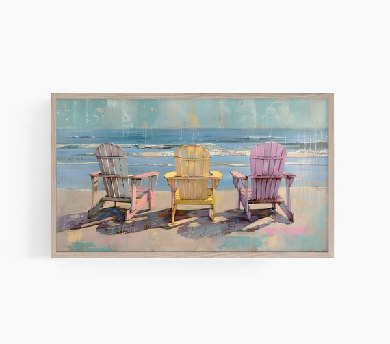 Colorful Adirondack Chairs Beach Ocean View Painting Art Poster