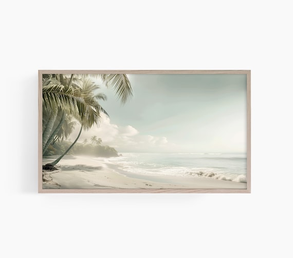 Serene White Sand Beach Leaning Palm Trees Calm Photo Poster