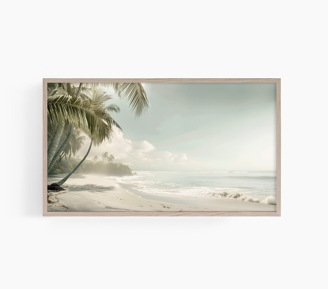 Serene White Sand Beach Leaning Palm Trees Calm Photo Poster