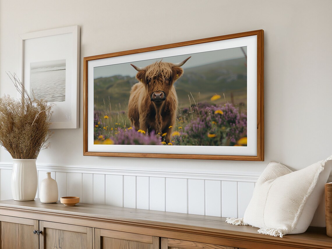 Highland Cow Purple Wildflower Field Rustic Animal Portrait Poster - Image 2
