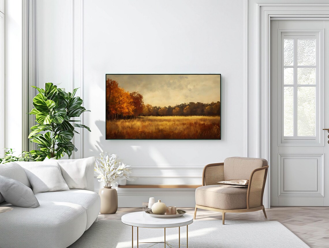 Golden Autumn Meadow Field Oil Painting Fall Landscape Warm Rustic Wall Art - Image 2